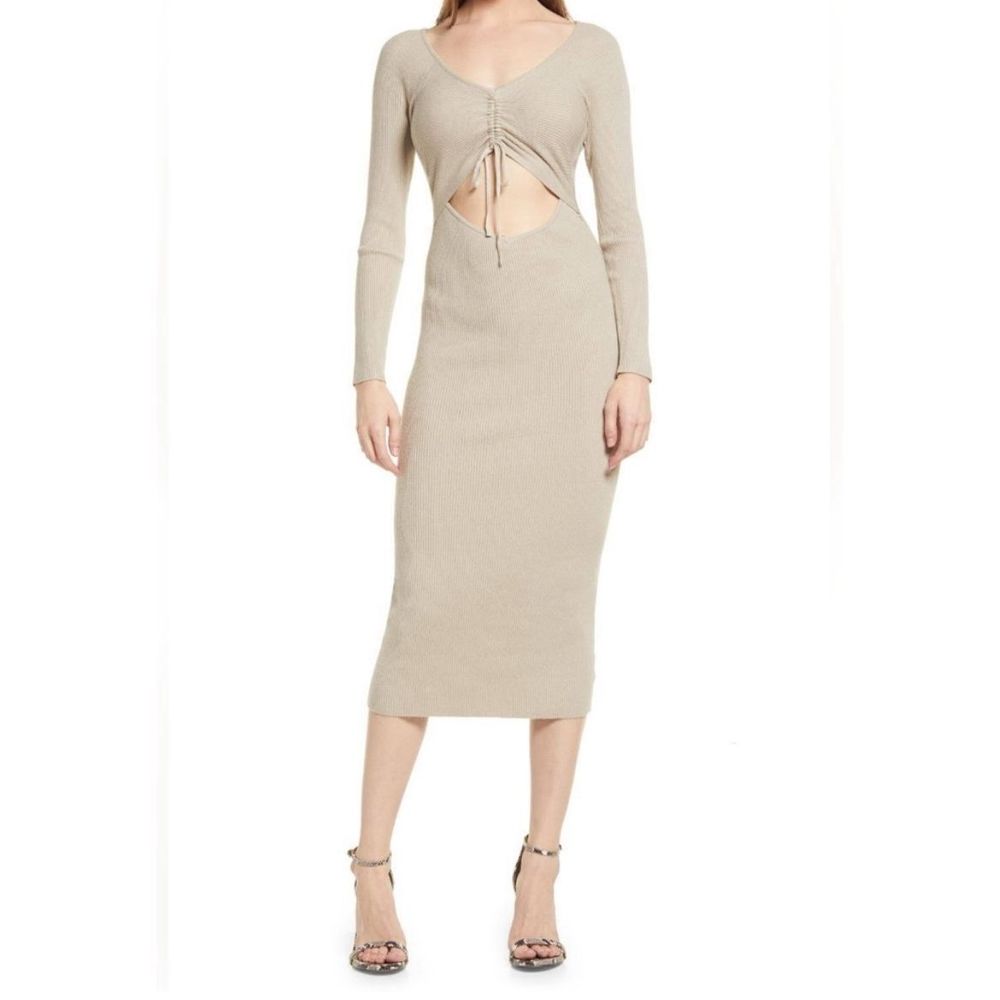 NWOT All in Favor Gathered Front Cut out Long Sleeve Ribbed Midi Dress - Picture 2 of 9